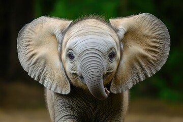 Fototapeta premium Baby elephant with a joyful pose, one ear folded slightly.