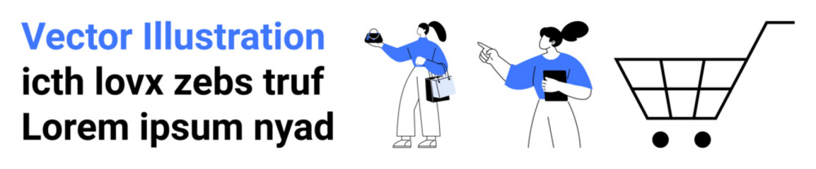 Two women discussing product options one holding a clipboard, the other examining items. Ideal for e-commerce, online shopping, retail, market analysis, product reviews, collaboration, and flat