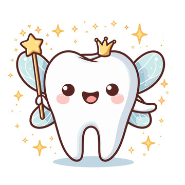 Magical tooth fairy with crown, wings and wand vector illustration. Perfect for helping children believe in the magic of dental care and making tooth loss a special, rewarding experience.