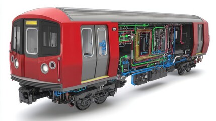 Detailed view of a train carriage showcasing internal components and wiring in a clean environment