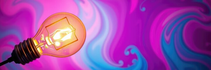 A light bulb with a colourful background emits a warm glow, surrounded by swirling patterns of pink, blue, and purple hues, abstract pattern, light source