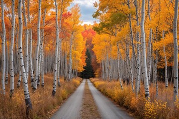 Fototapeta premium Autumn Serenity on a Peaceful Lane Surrounded by Aspen and Birch Trees