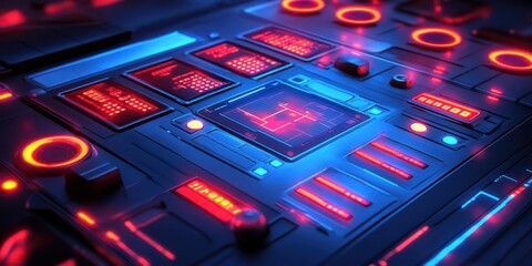 Obraz premium Futuristic control panel with glowing circuits and intricate designs in a tech environment