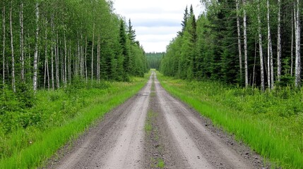 Fototapeta premium Gravel Road Through Lush Green Forest Under Overcast Sky in a Peaceful Wilderness Setting