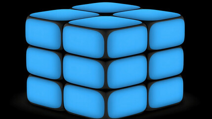 Blue glowing cube with smooth edges on a dark background for abstract design and tech concepts