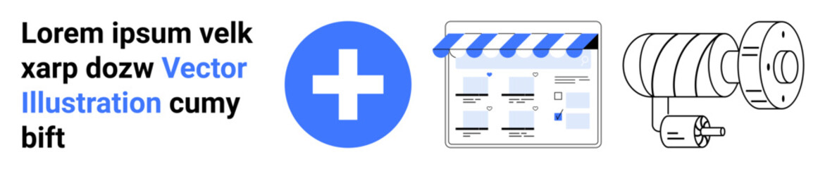 Obraz premium Blue plus sign, lorem ipsum text block, website with awning, security camera. Ideal for web design, online security, e-commerce, digital marketing technology networking content creation. Landing