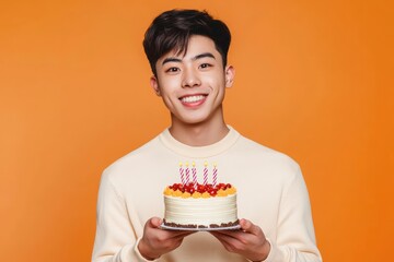 Photorealistic portrait, young man with cake, orange studio.