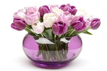 Fototapeta premium Purple vase tulips bouquet white background