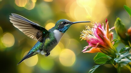 Naklejka premium Hummingbird in Flight Near a Colorful Blossom in a Sunlit Garden