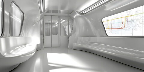 Fototapeta premium Modern subway interior with sleek white design, bright lighting, and transit map on wall