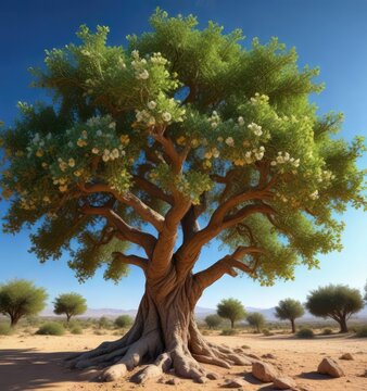 A majestic Argan tree in full bloom under a clear blue sky, nature scene, argania spinosa, photo