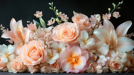 A beautifully arranged floral composition with roses, lilies, and orchids, soft pastel tones
