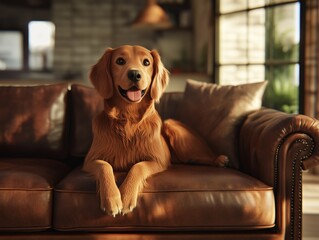 A cheerful golden dog relaxes on a leather sofa in a sunlit living room, exuding warmth and comfort with a friendly expression.