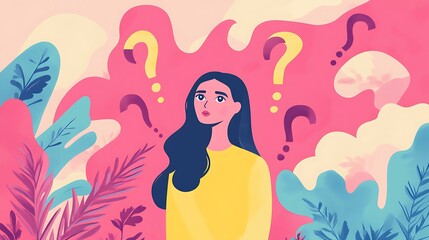 Confused Woman Surrounded by Question Marks and Colorful Background