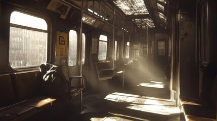 Sunlight filters through a subway train, illuminating empty seats and creating a serene atmosphere