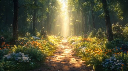 Obraz premium A forest path lined with ferns and wildflowers, sunlight filtering through the trees, hyper-realistic