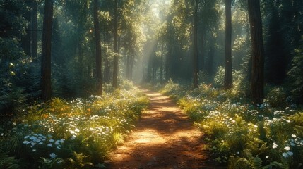 Obraz premium A forest path lined with ferns and wildflowers, sunlight filtering through the trees, hyper-realistic