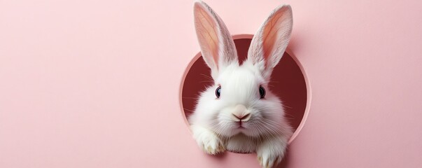 Obraz premium Fluffy white Easter bunny with big ears peeking through a round hole on a light pink background, symbolizing Easter fun and spring joy, vibrant pastel shades