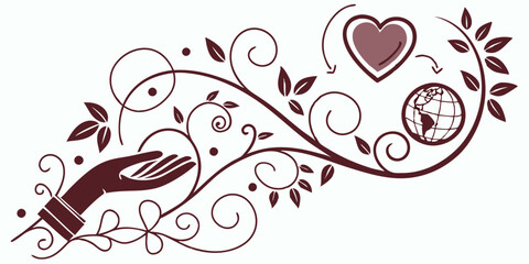  Hand holds heart,floral swirls. Use for charity websites, environmental themes, global awareness, community outreach, volunteer programmes.