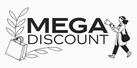 Mega, discount, sale, woman, megaphone, announcement, promotion, advertising, marketing, banner. Woman with megaphone announces a "Mega Discount" sale, ideal for promotional banners.