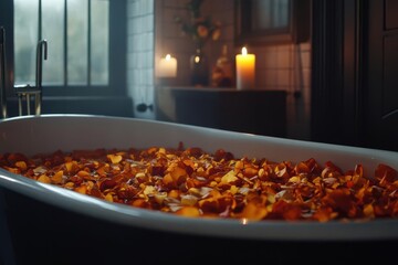 Serene bathroom scene with a luxurious bathtub filled with rose petals, candles glowing softly