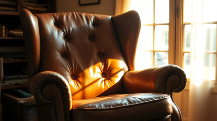 Warm golden light falls on a worn, vintage leather armchair, symbolizing comfort, nostalgia, and the passage of time in a classic, rustic living room setting.