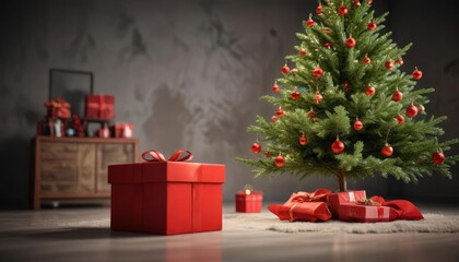 A minimalist red box sits atop a simple yet elegant Christmas tree, modern, red, clean