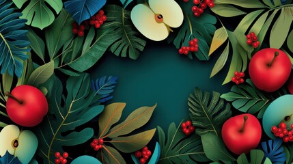 Vibrant Wreath of Fresh Fruit and Lush Green Leaves Against Blue Backdrop