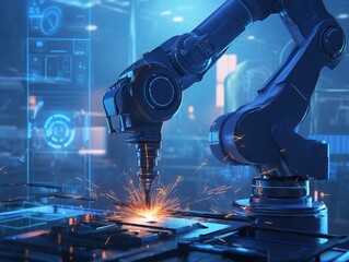 An ultra-detailed close-up of a robotic arm producing welding sparks in a blue light, with holographic data streams floating over metallic surfaces, set against a motion-blurred factory background