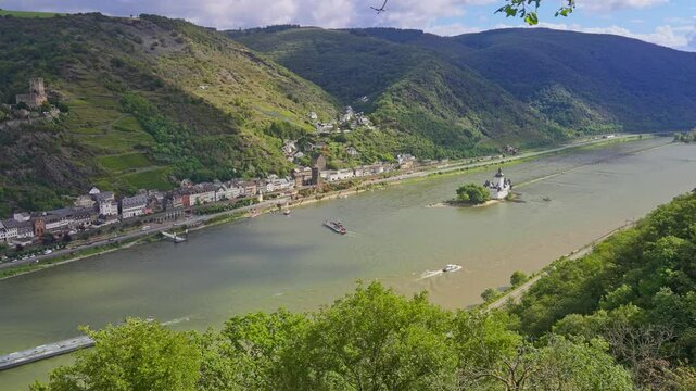 Aerial overhead view of the riverside town of Kaub with rolling hills and valleys, Rhine Valley, Germany