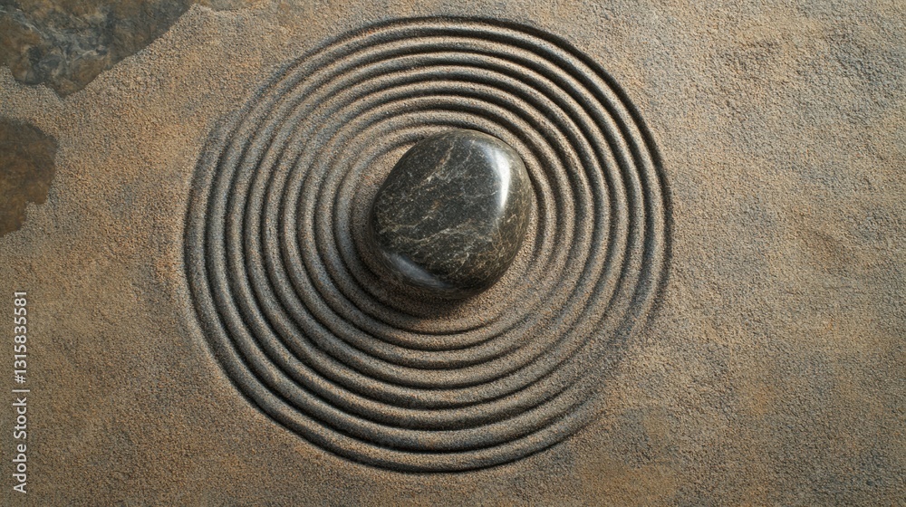 Fototapete smooth stone at center of sand circles representing stability and strength, inviting reflection and 