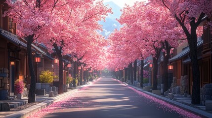 A traditional Japanese cherry blossom festival, trees in full bloom, pink petals filling the air