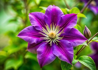 Close-up Purple Clematis Flower in Lush Green Garden - Stock Photo