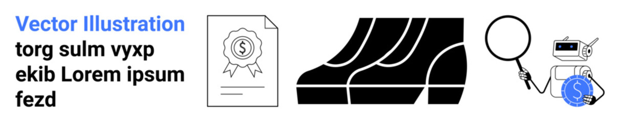 Certificate paper, bar chart, magnifying glass analyzing a dollar coin, and camera emphasize certification, analytics, business growth, finance, research auditing and investment concepts. Ideal