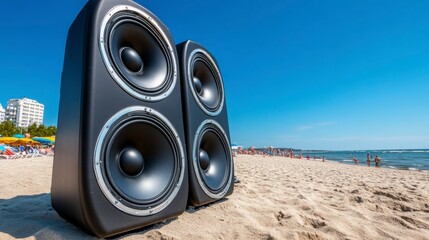 Large Black Speakers on Sandy Beach with Clear Blue Sky and Waves