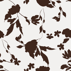 Floral seamless pattern features dark brown floral silhouettes on a light gray background. The flowers and leaves have a painterly, slightly abstract quality