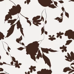 Fototapeten Floral seamless pattern features dark brown floral silhouettes on a light gray background. The flowers and leaves have a painterly, slightly abstract quality © momosama
