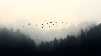 Misty mountains with flock of birds flying in sky, creating serene and atmospheric landscape. dark peaks contrast with soft, ethereal mist, evoking sense of mystery and tranquility