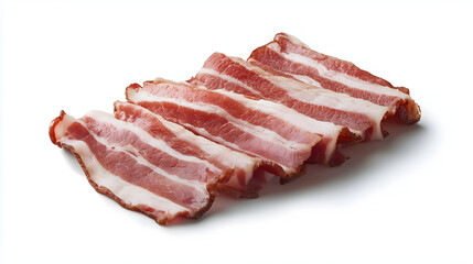 Obraz premium Sliced raw bacon with rich marbling of fat and lean meat, arranged slightly overlapping manner white background. fresh pork belly strips have vibrant pink and white color, showcasing their texture