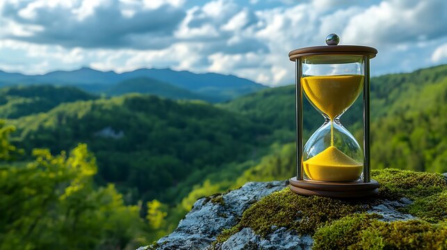 Hourglass with Yellow Sand on Mossy Rock in Natural Landscape