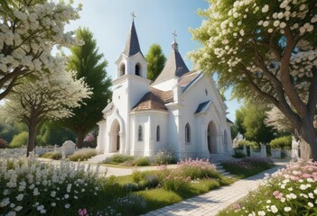 Naklejka premium A picturesque white church with a tile roof nestled among blooming flowers and trees, trees in bloom, garden flowers