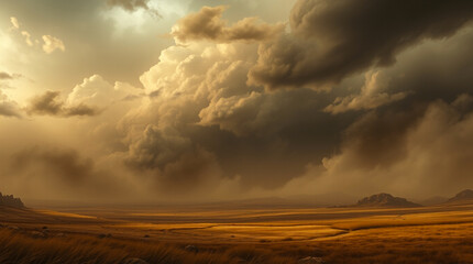 A fantasy art piece in natural earth tones with intense dramatic weather, stormy skies, high tension, browns, beiges, and muted colors – Generative AI