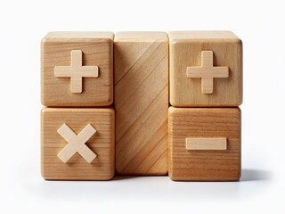 Fototapeta premium Math Education Symbols: Plus, Minus, Multiply, Divide Wooden Cubes on White Background