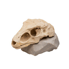 Fototapeta premium Fossilized Animal Skull on Rock Geological Display Isolated on transparent background
