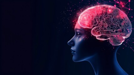 Neuroplasticity concept A glowing brain overlays a silhouette, symbolizing the fusion of technology and human intelligence.