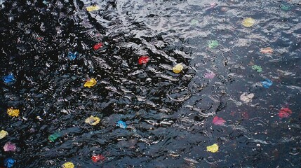 Obraz premium Colorful Plastic Objects Floating on Dark Water Surface Creating Ripples and Reflections in an Urban Environment