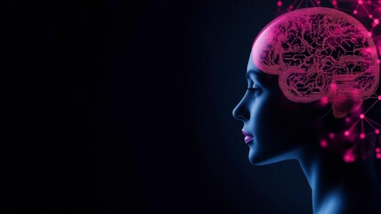 Obraz premium Neuroplasticity concept Profile of a woman with a glowing pink brain, symbolizing creativity and intelligence against a dark background.