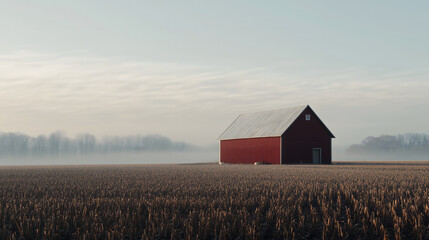 red barn with metal roof stands alone in vast harvested cornfield on misty morning, surrounded by bare trees under soft, cloudy sky. rural landscape exudes tranquility