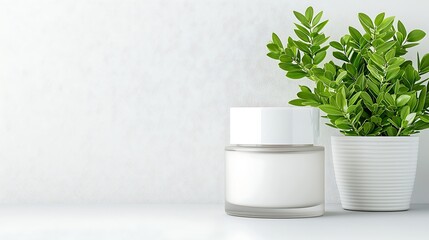 Relaxing home spa setup with green plant and cream jar minimalistic interior fresh atmosphere