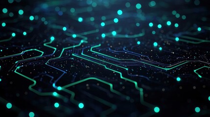 Intricate Circuit Board Design with Vibrant Green and Blue Light Patterns